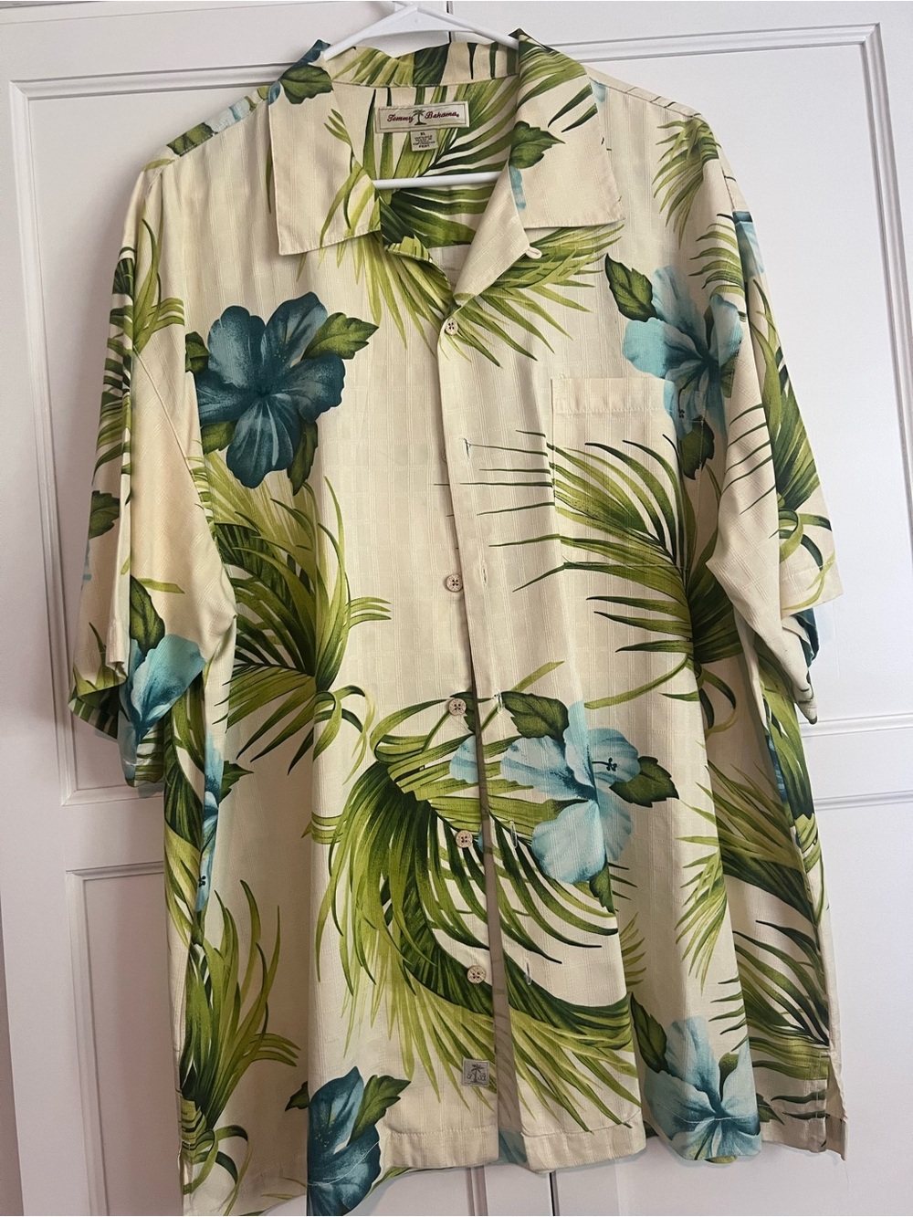 Tommy Bahama Cream Camp Shirt with Green Palm & Blue Floral Print